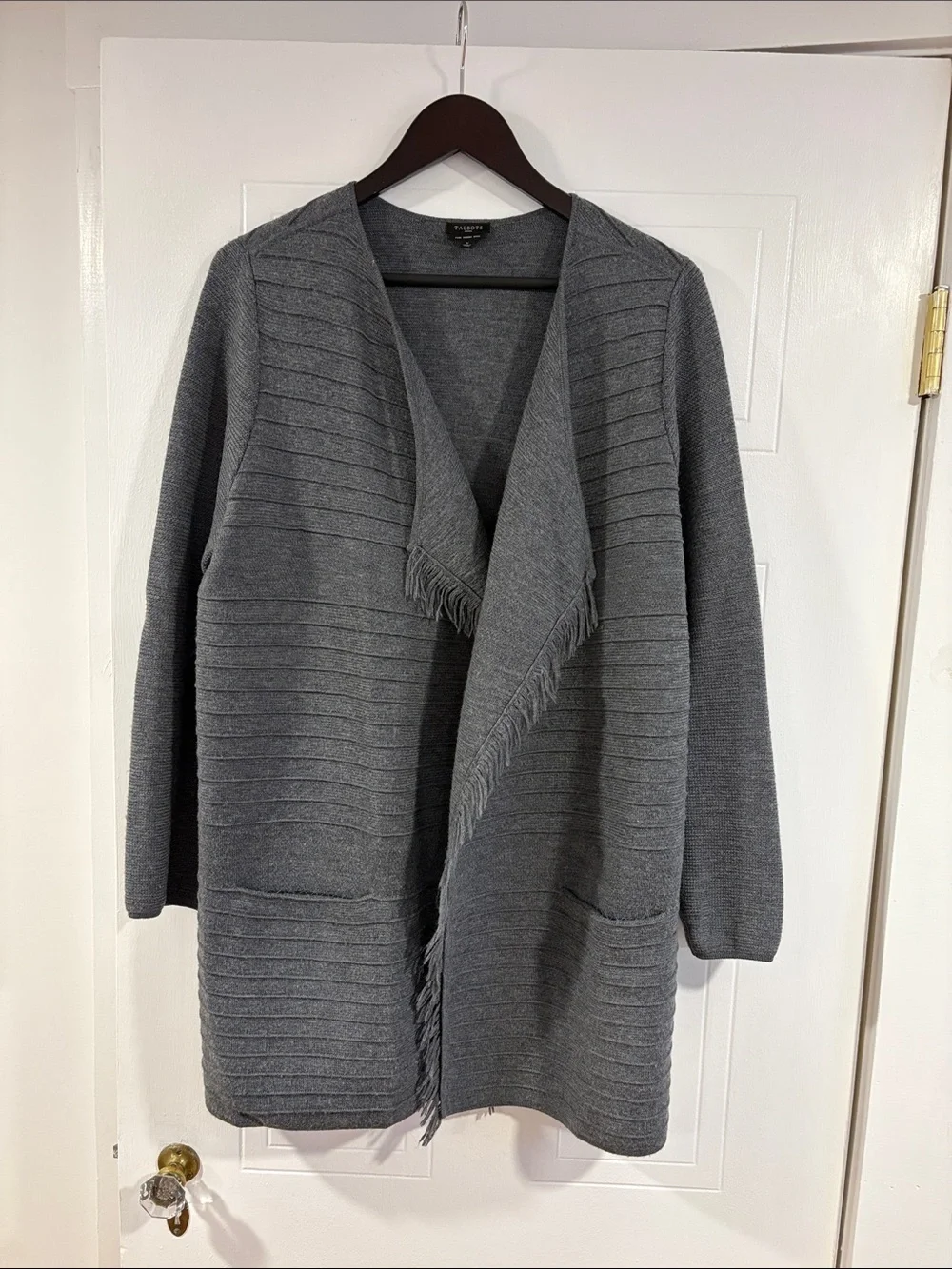 Talbots Charcoal Gray Fringe-Trim Open Cardigan
